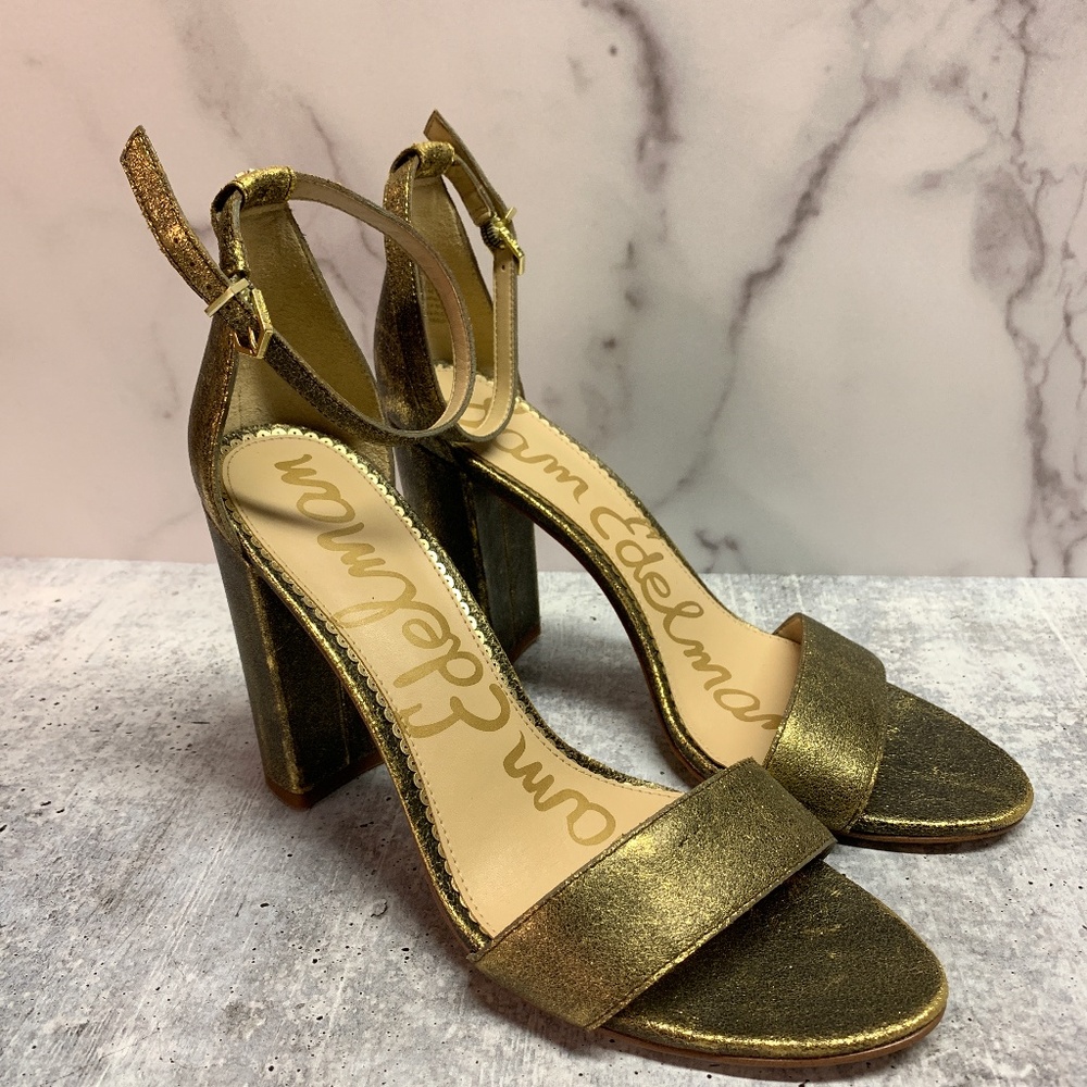 Sam Edelman Yaro Ankle Strap Sandal Heel Gold